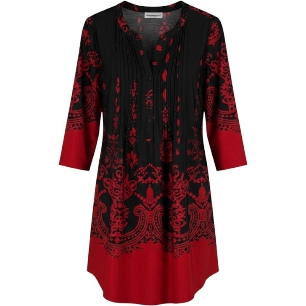 Serengeti Womens Medium Tunic Top Black Red Baroque Henley Pleated Boho 3/4 Slv
